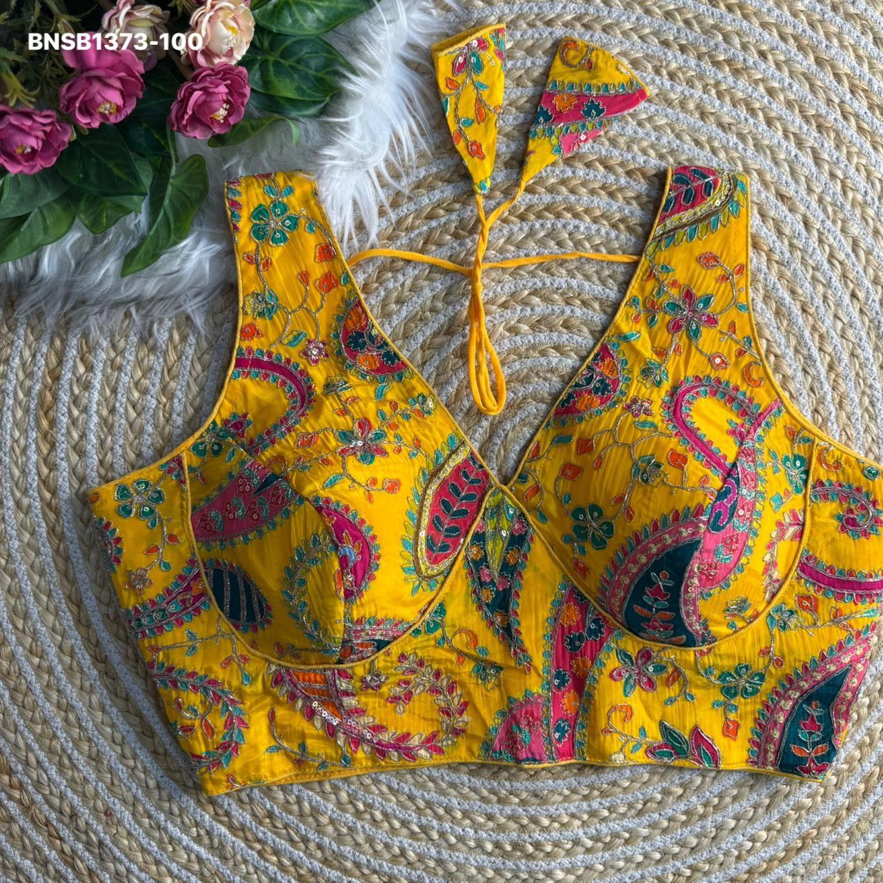 Sabyasachi neck heavy long carry position work-Mustard Yellow